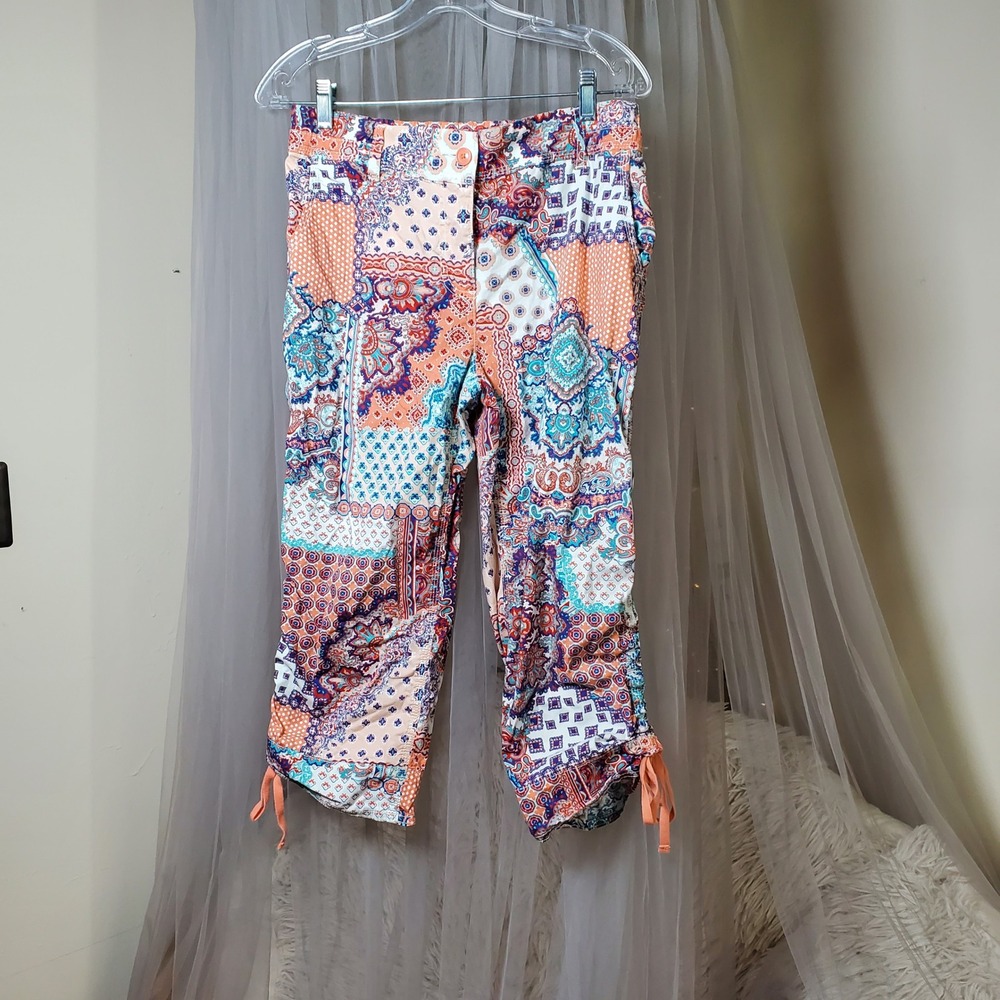 Boho Patchwork Cropped Drawstring Pants - Orange Multi - Picture 2 of 5